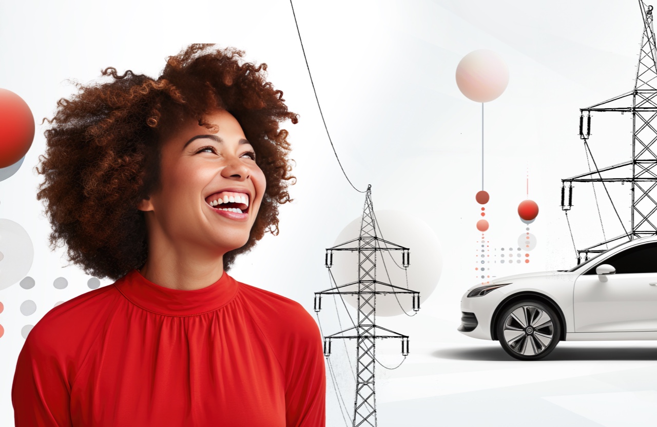 composite woman smiling beside power lines and charging vehicle